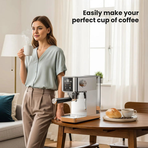 Solid Build 20 Bar Semi Automatic Espresso Machine With Pro Grade Milk Frother Led Display Adjustable Shot Volume Heavy Duty Stainless Steel Home Coffee Maker Zero Hassle Brewing next to a woman holding a cup.