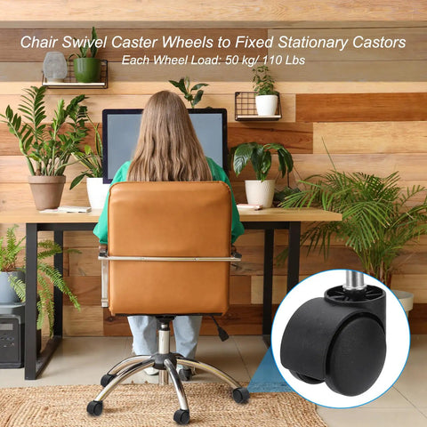 Top Shelf Low Profile Office Chair Glides With Solid Rubber Bottoms No Hassle Stationary Casters For Desk Stools Loaded With Traction Floor Savers Upgraded Silent Glide Pack Of Five in home office setting with a desk and plants.