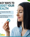 Woman holding Chelated Calcium Magnesium Zinc Multimineral Capsule, instructions for use visible, promoting strong bones and health.