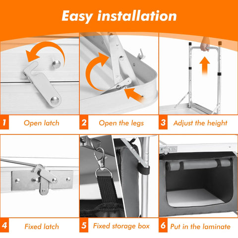 Step-by-step assembly guide for Go-To Aluminum Folding Camping Table With Adjustable Legs For Travel And Outdoors in white