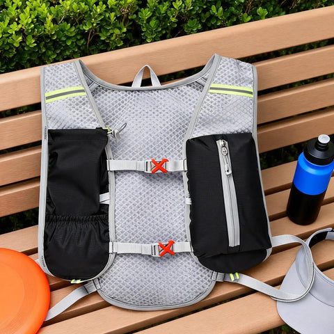 All Day Hydration Vest With Water Reservoir For Trail Ready Rides On The Go And Runs on a bench with bottle and cap