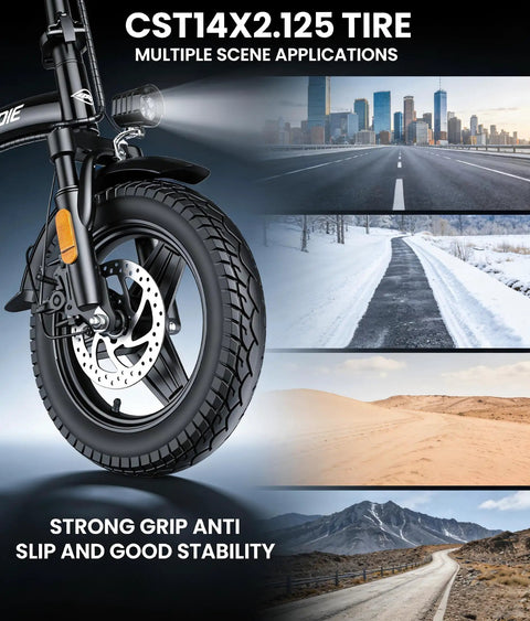 Epic Foldable Electric Bike For Adults With 750W Peak Power And 23 MPH Max, 14 Inch Compact Ebike, 48V 12Ah Battery, 35 Mile PAS Range, Ideal For Commutes And Weekend Joyrides; 14x2.125 tire on city, snow, sand and mountain roads