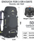 Large Capacity Internal Frame Hiking Backpack 50L for Mountain Climbing and Camping, Waterproof Rain Cover Included, side view.