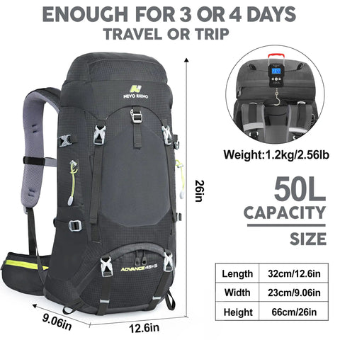 Large Capacity Internal Frame Hiking Backpack 50L for Mountain Climbing and Camping, Waterproof Rain Cover Included, side view.