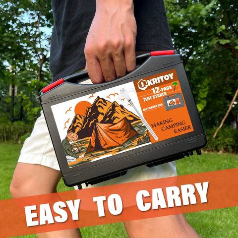 Person holding the Heavy Duty 12 Pack Tent Stakes 8 Inch Ground Anchors case for fast campsite setup.