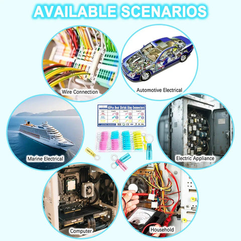 Image showing various uses of Beefy Marine Grade Heat Shrink Ring Connectors Assortment For Auto And Boat Wiring Tinned Red Copper.