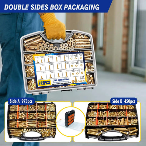 Tough As Nails 1425Pcs Grade 8.8 Metric Bolt And Nut Assortment Kit Featuring Zinc Plated Steel For Heavy Machinery And Weekend Warrior Projects With M4 Through M12 Sizes And Compact Carry Case displayed in double-sided box packaging.