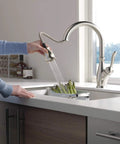 Traditional Brushed Nickel Kitchen Faucet With Pull Down Sprayer And Single Handle for rinsing vegetables in a modern kitchen.