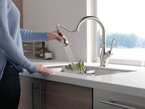 Traditional Brushed Nickel Kitchen Faucet With Pull Down Sprayer And Single Handle for rinsing vegetables in a modern kitchen.