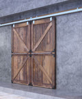 Rugged Galvanized Steel Exterior Double Sliding Barn Door Hardware Kit For Outdoor Use installed on wall with two wooden doors