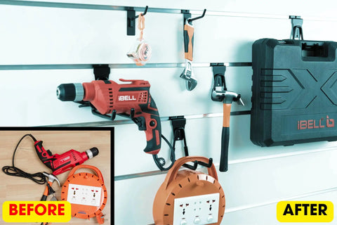 Premium Heavy Duty Slatwall Hooks And Hangers Set 20 Pack For Garage Storage And Organization Single And Double Hooks Proslat Compatible Slatwall Accessories in use, organizing tools on a slatwall system.