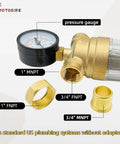 Spin Down Sediment Water Filter System with Gauge, 1" MNPT inlet, 3/4" FNPT & MNPT ports, stainless steel mesh filter