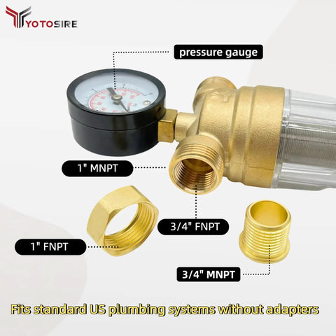 Spin Down Sediment Water Filter System with Gauge, 1" MNPT inlet, 3/4" FNPT & MNPT ports, stainless steel mesh filter
