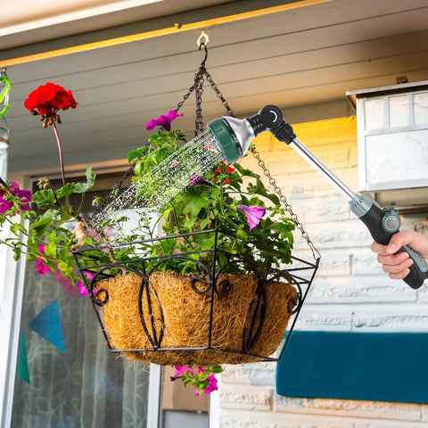 17.5 Inch Garden Hose Watering Wand With Eight Spray Patterns, Thumb Flow Control, watering a hanging basket