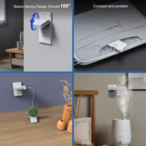 Three Way Flat Wall Outlet Extender With Swivel Two Prong Indoor Plug Tap in various household settings showing its use and portability.