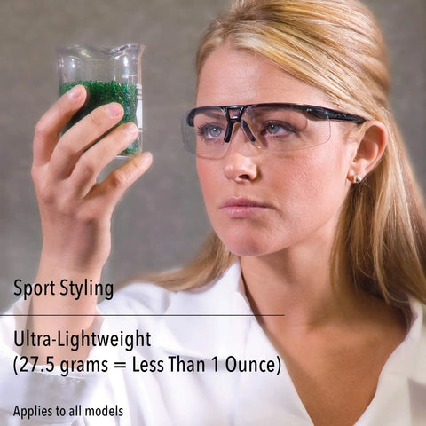 Person wearing Crazy Light Safety Glasses With Floating Lens Metallic Black Frame And Gray Lens Uvextreme Anti Fog Coating.