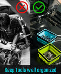 Magnetic Foldable Parts Tray Set, 3 Pack Collapsible Silicone Trays organizing screws and tools in blue and green on a car engine.