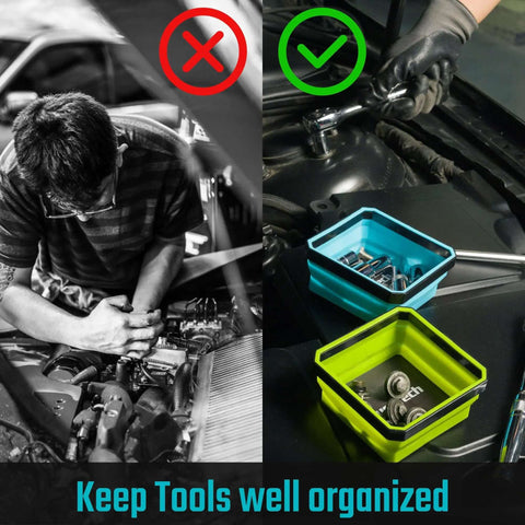 Magnetic Foldable Parts Tray Set, 3 Pack Collapsible Silicone Trays organizing screws and tools in blue and green on a car engine.