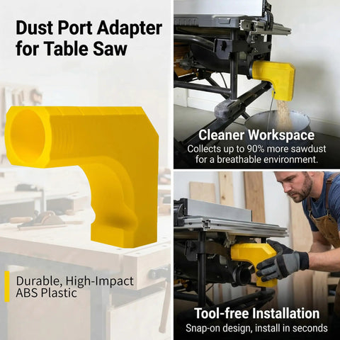 Yellow tool-free snap-on Table Saw Dust Collection Adapter For Miter Saws And Table Saws Tool Free Snap On Dust Port Built In Bag Hook Universal 2 Inch Port Easy Install Keeps Your Shop Clean And Dust Free on a table with installation examples and material description.