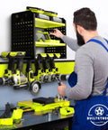 Man using Heavy Duty Power Tool Organizer Wall Mount Three Tier Steel Rack With Six Drill Slots Dual Pegboard Sides in garage.