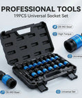Grab The Ultimate 19 Piece Metric Impact Socket Set With Deep Well And Shallow Sockets Made From Tough Chrome Moly Steel Perfect For Auto Repair And Heavy Duty Jobs Featuring Universal Hex Sizes Plus Essential Extension Bars To Get Any Job Done Right. 19-piece CR-MO steel socket case