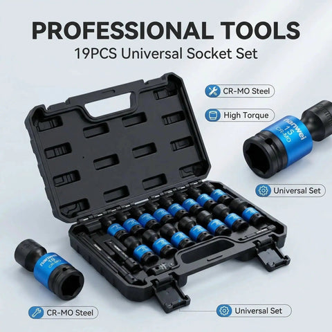 Grab The Ultimate 19 Piece Metric Impact Socket Set With Deep Well And Shallow Sockets Made From Tough Chrome Moly Steel Perfect For Auto Repair And Heavy Duty Jobs Featuring Universal Hex Sizes Plus Essential Extension Bars To Get Any Job Done Right. 19-piece CR-MO steel socket case