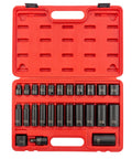 Open red case displaying Three Eighth Inch Drive 12 Point SAE Impact Socket Set 25 Piece Built Tough In CR MO Alloy Steel With Heavy Duty