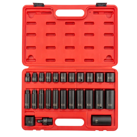 Open red case displaying Three Eighth Inch Drive 12 Point SAE Impact Socket Set 25 Piece Built Tough In CR MO Alloy Steel With Heavy Duty