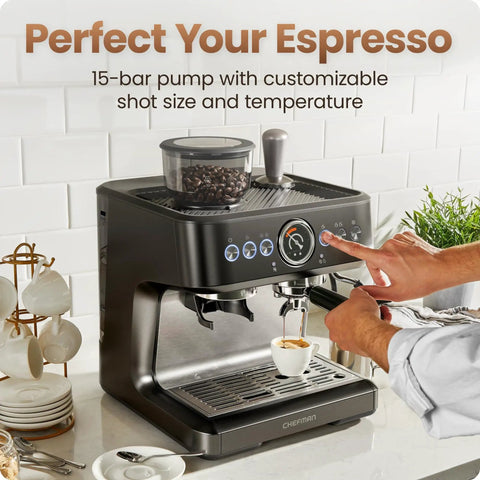 Person using Deluxe Espresso Machine With Double Boiler, Milk Frother And Steam Wand, Semi Automatic, Built In Grinder And 30 Grind Settings
