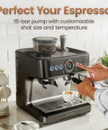 Next Level Semiautomatic Espresso Machine With Dual Boiler Built In Grinder And Precision Steam Wand For Killer Daily Grind Smooth Home Vibe Simultaneous Milk Frothing And Fast Shot Extraction on kitchen counter with espresso extraction
