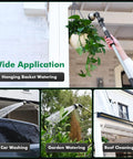 Extra Long All Metal Telescoping Watering Wand With 180 Degree Adjustable Ratcheting Head And Four Spray Patterns, Thumb Flow Control in use for hanging baskets, car washing, garden watering, and roof cleaning.
