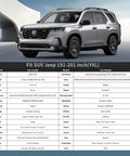 Tough As Nails All Weather Waterproof Car Cover For Outdoor Use shown with SUV compatibility list for 191-201 inch vehicles.