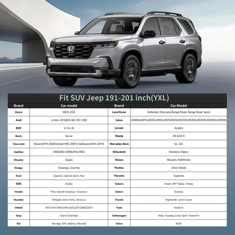 Tough As Nails All Weather Waterproof Car Cover For Outdoor Use shown with SUV compatibility list for 191-201 inch vehicles.