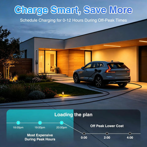 Top Tier Level 2 EV Charger, 40 Amp 240 Volt Home Hookup Station with charger plugged into a car in an evening setting.