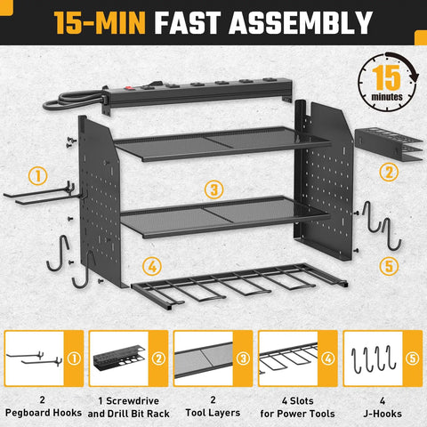 Power Tool Organizer Wall Mount With 3 Layer Charging Station 6 Outlets 4 Drill Holders And Drill Bit Rack Hooks And Adjustable Shelves exploded view