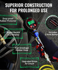 Digital Tire Pressure Gauge With Inflator Kit, 250 PSI, showing LCD display and rubber hose, brass air chuck in use.