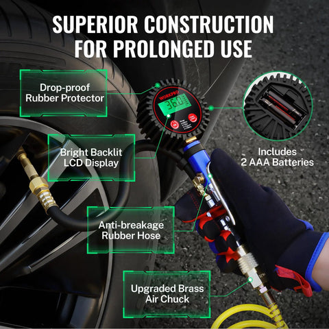 Digital Tire Pressure Gauge With Inflator Kit, 250 PSI, showing LCD display and rubber hose, brass air chuck in use.