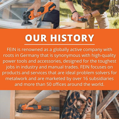 Text reading 'Our History' with images of workers using FEIN power tools.