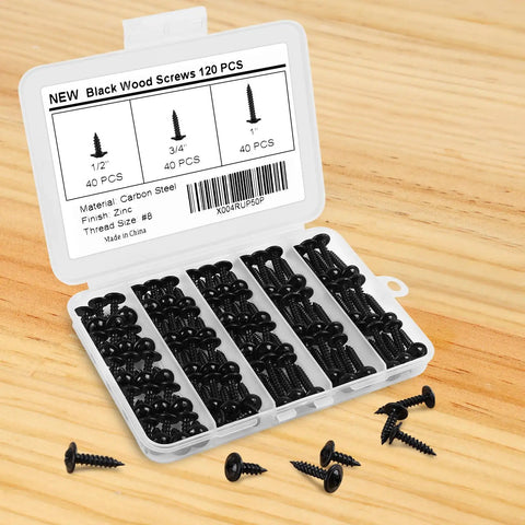 120 Piece Size Eight Phillips Truss Head Black Wood Screw Kit For Wall Plates And Woodworking Self Tapping Fasteners In Half Inch Three Quarter Inch And One Inch With Screwdriver Bit
