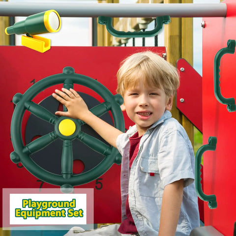 Child playing with 4 Piece Kids Outdoor Playset Accessories Featuring A Plastic Steering Wheel Telescoping Telescope And Safety Handles For Garden Backyard Treehouse And Playhouse Fun In Green Set 1