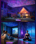 Collage showing Galaxy Star Projector Night Light For Bedroom With Timer And Remote 4 In 1 White Noise Bluetooth Speaker in kids room, home theater, and yoga setting