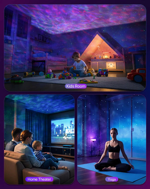 Collage showing Galaxy Star Projector Night Light For Bedroom With Timer And Remote 4 In 1 White Noise Bluetooth Speaker in kids room, home theater, and yoga setting