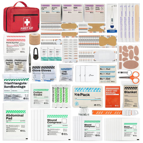 Front view of Rhino Rescue 240-Piece all-purpose first aid kit in red zip bag with assorted bandages and supplies.