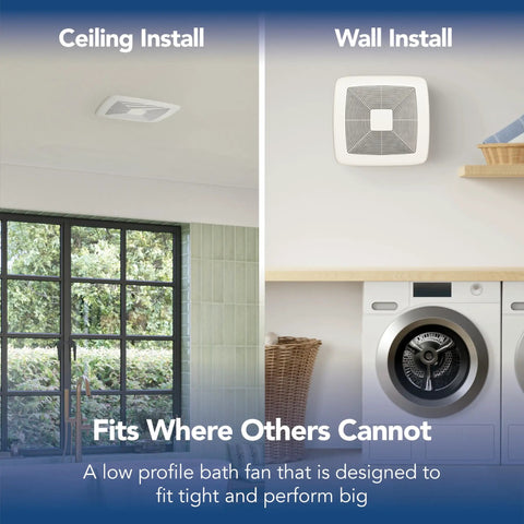 LoProfile 4 Inch Bathroom Ventilation Fan With ENERGY STAR Certification 80 CFM Ultra Quiet 1.0 Sones in wall and ceiling install examples