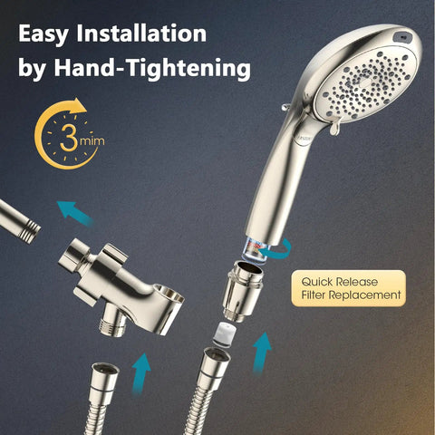 Installation of Eight Mode Handheld Shower Head With Built-In Filter For Hard Water, 80 Inch Stainless Steel Hose, Brushed Nickel