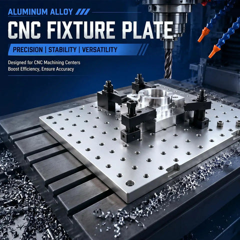 Built Tough 10 By 10 Inch 6061 Aluminum Cnc Fixture Plate Featuring 1/4 20 Threaded Holes on CNC machine with workholding features.