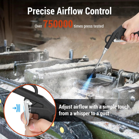 Pro Grade High Volume Air Blow Gun With Adjustable Trigger cleaning hard-to-reach industrial machine with steel extension nozzle.