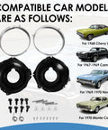 28 Piece Headlamp Retaining Ring And Mounting Bucket Kit With Stainless Steel Sealed Beam Rings And Hardware For Classic 1967 1968 1969 1970 Old School GM Muscle Cars Like Camaro Nova Monte Carlo Chevy II And More shown with compatible cars.