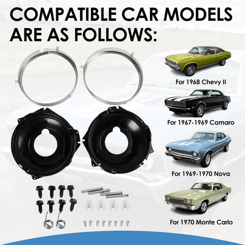 28 Piece Headlamp Retaining Ring And Mounting Bucket Kit With Stainless Steel Sealed Beam Rings And Hardware For Classic 1967 1968 1969 1970 Old School GM Muscle Cars Like Camaro Nova Monte Carlo Chevy II And More shown with compatible cars.