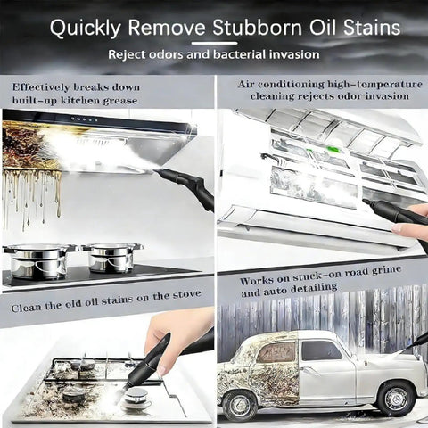 CUTPOIY 2500W High Pressure Steam Cleaner cleaning tough greases from kitchen surfaces and vehicle detailing.